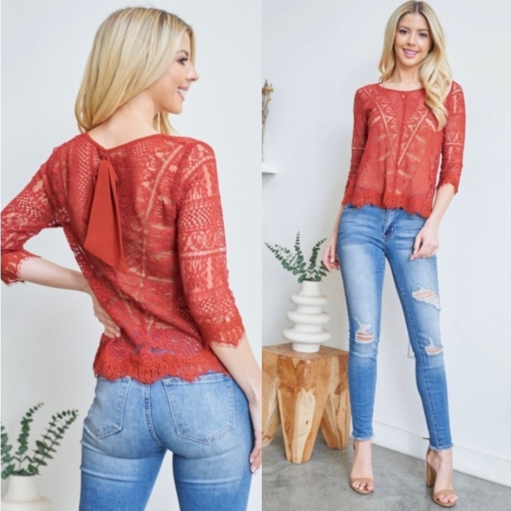 🌹NEW! Elegance & Lace, Handmade, Luxury Back Tie Top. Color Brick Red. S, M, L